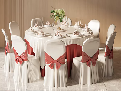 Banquet Hall Round Table White Chair Covers Red Bows With Green Floral Arrangement And Tableware 3d model