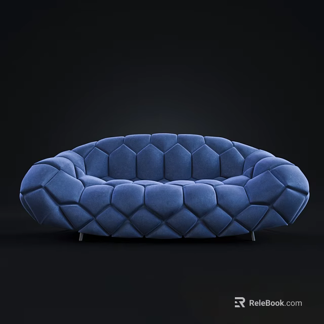 Blue Curved Multi Person Sofa With Diamond Pattern Velvet Upholstery And Metal Legs For Modern Living Room 3d model 