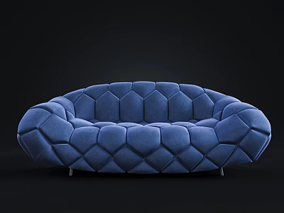 Blue Curved Multi Person Sofa With Diamond Pattern Velvet Upholstery And Metal Legs For Modern Living Room 3d model