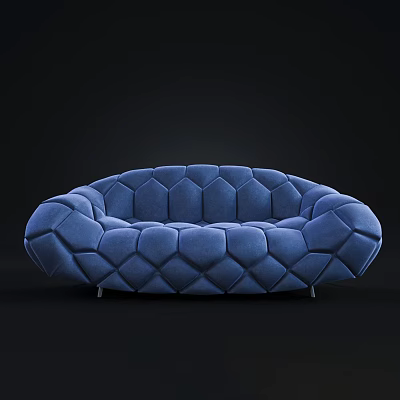 Blue Curved Multi Person Sofa With Diamond Pattern Velvet Upholstery And Metal Legs For Modern Living Room 3d model