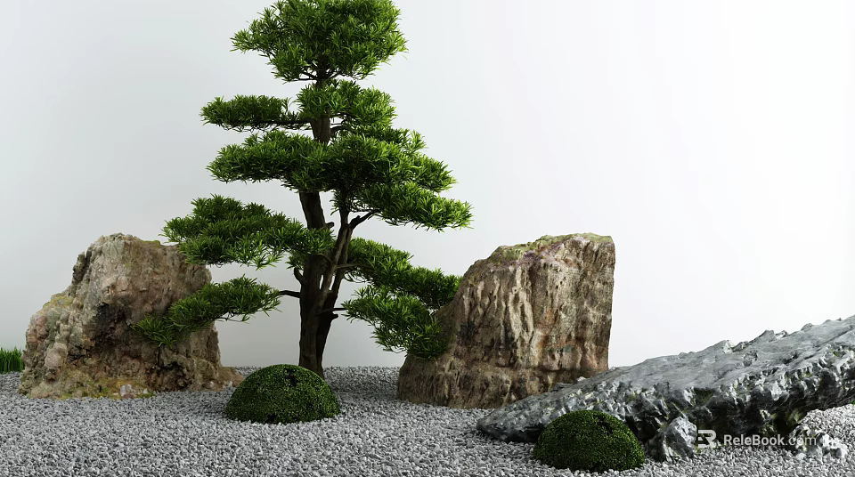 Karesansui Japanese Rock Garden with Pine Tree Rocks Gravel and Shrubs Landscape 3d model 