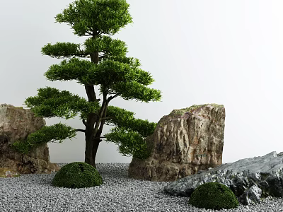 Karesansui Japanese Rock Garden with Pine Tree Rocks Gravel and Shrubs Landscape 3d model