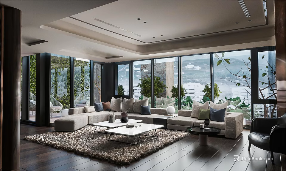 Modern Living Room Interior Design With Floor to Ceiling Windows Scenic View Sofa and Coffee Table 3d model 