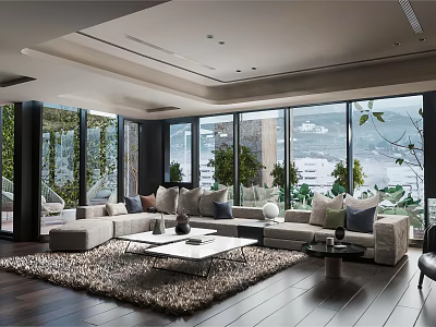 Modern Living Room Interior Design With Floor to Ceiling Windows Scenic View Sofa and Coffee Table 3d model