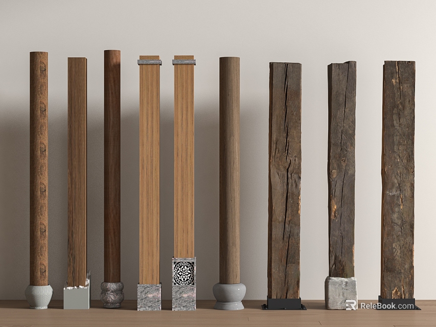 Different Types of Wooden and Textured Columns with Marble and Stone Bases Displayed in Row 3d model 