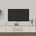 Modern White TV Stand Design With Drawers Cabinets Mounted TV And Potted Plants