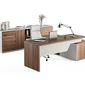 Modern Wooden Walnut Office Desk and Chair Set with Laptop Desk Lamp Drawers and Cabinets