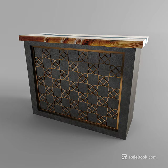 Modern Reception Desk With Marble Countertop And Gold Geometric Pattern Panel 3d model