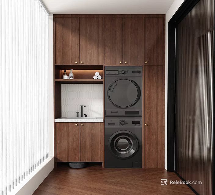 Functional Home Balcony Design With Washer Dryer Wooden Cabinets Sink And Storage Space 3d model 