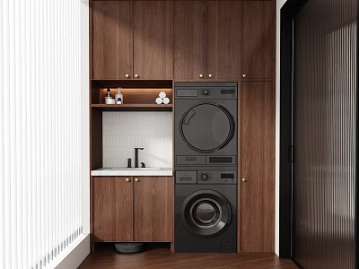 Functional Home Balcony Design With Washer Dryer Wooden Cabinets Sink And Storage Space 3d model