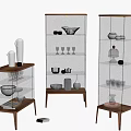 Wooden Glass Door Dresser Displaying Decorative Vases Bowls And Wine Glasses On Checkerboard Floor