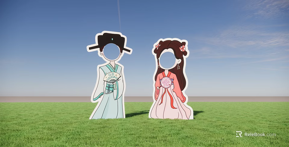 Traditional Ancient Costume Figure Photo Spot On Green Grass With Blue Sky 3d model 