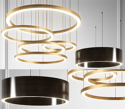 Modern Interior Hanging Pendant Lights With Circular Gold And Black Ring Design 3d model