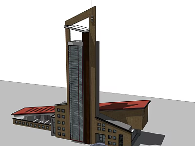 Modern Architectural Structure Featuring Tall Tower Red Roof And Adjacent Low Buildings 3d model