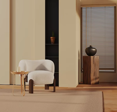 Comfy Beige Lounge Chair With Wooden Legs Side Table And Decorative Shelf In Modern Room 3d model