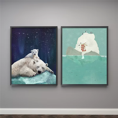 Baby Polar Bear and Penguin Animal Paintings with Iceberg Starry Sky and Teal Water 3d model