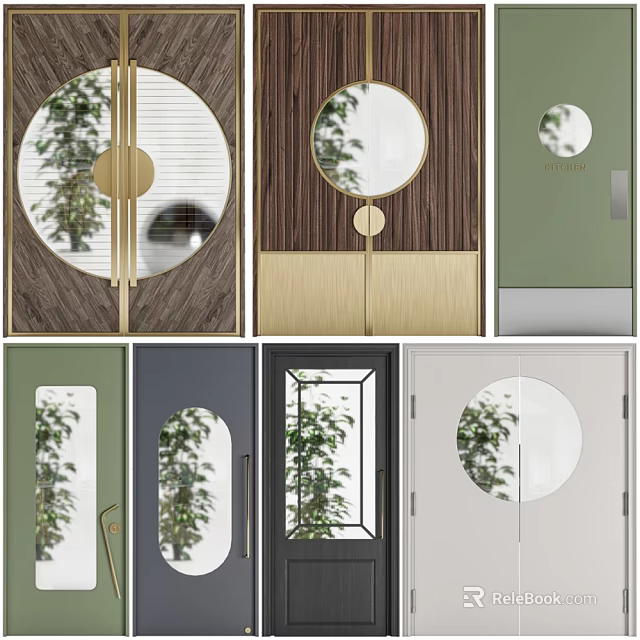 Elegant Double Doors With Circular Glass Windows Metal Accents And Natural Reflections 3d model 