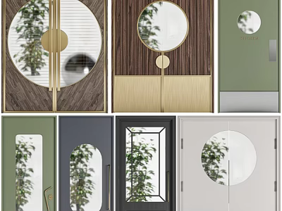 Elegant Double Doors With Circular Glass Windows Metal Accents And Natural Reflections 3d model