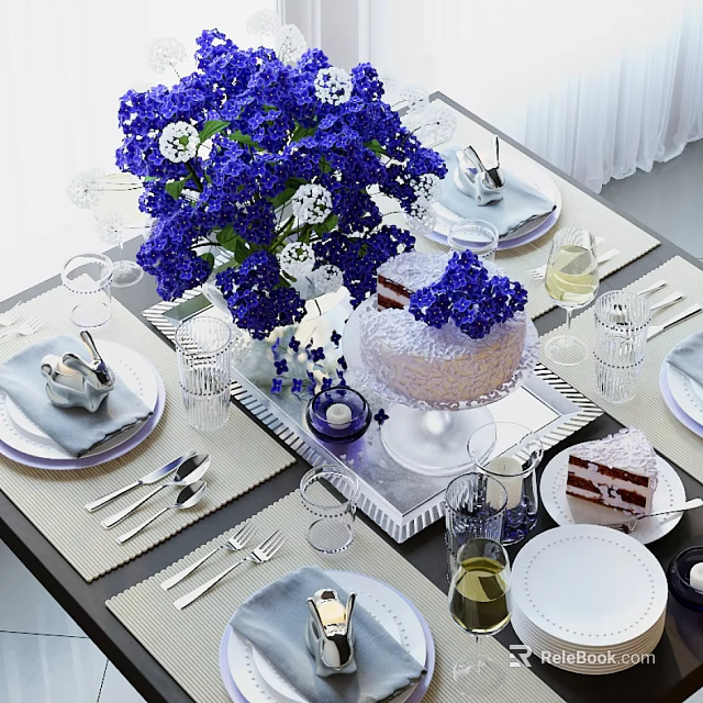 Elegant Tableware Set With Blue Flower Bouquet Cake Glassware And Plates 3d model 