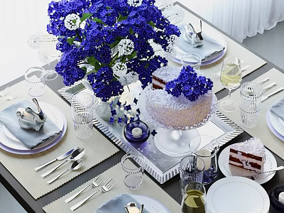 Elegant Tableware Set With Blue Flower Bouquet Cake Glassware And Plates 3d model