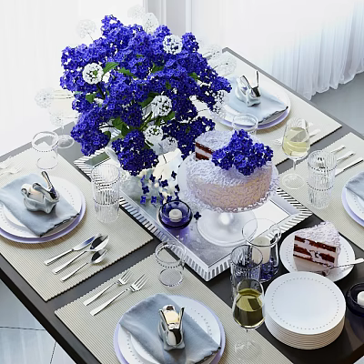 Elegant Tableware Set With Blue Flower Bouquet Cake Glassware And Plates 3d model