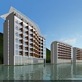 Modern Waterfront Hotel Building With Multi Story White Brown Facade And Mountain View