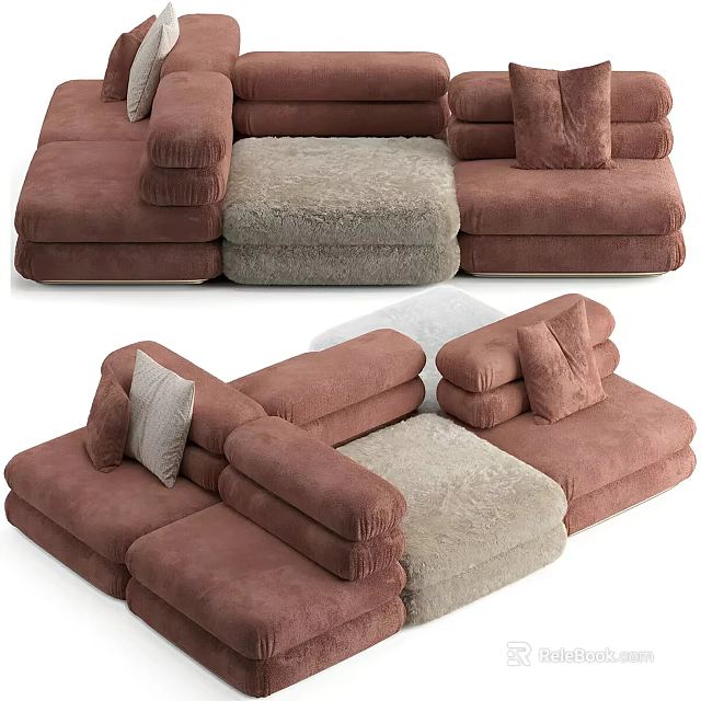 Modern Sectional Sofa With Brown Gray Upholstery Soft Pillows And Cozy Modular Design 3d model 