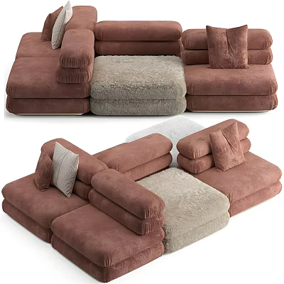 Modern Sectional Sofa With Brown Gray Upholstery Soft Pillows And Cozy Modular Design 3d model