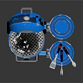 Blue Portable Outdoor Grill With Open Lid Wheels Stand And Metal Grate