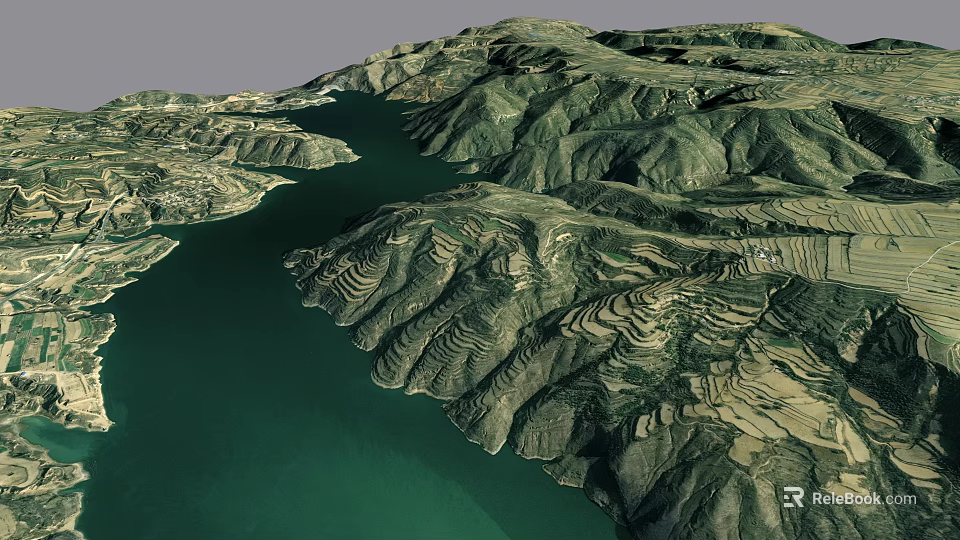 Lush Mountain River Landscape Featuring Green Water Terraced Fields And Rolling Slopes 3d model