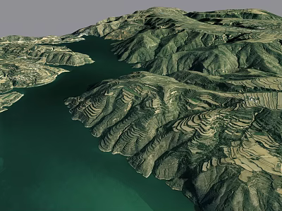 Lush Mountain River Landscape Featuring Green Water Terraced Fields And Rolling Slopes 3d model