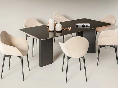 Modern Black Dining Table Set With Beige Chairs Metal Legs And Tabletop Decorations 3d model