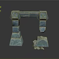 Green Carved Stone Arch Structure With Stacked Blocks And Decorative Details