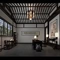 Chinese Traditional Reception Room With Wooden Ceiling Hanging Lanterns Wall Paintings And Central Plaque