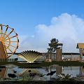 Scenic Garden Ornaments With Yellow Waterwheel Shell Shaped Ornament Wooden Pavilion And Lotus Pond