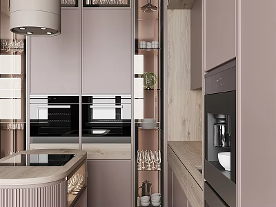 Modern Kitchen Cabinets With Light Wood Finish Marble Countertop And Built In Appliances 3d model