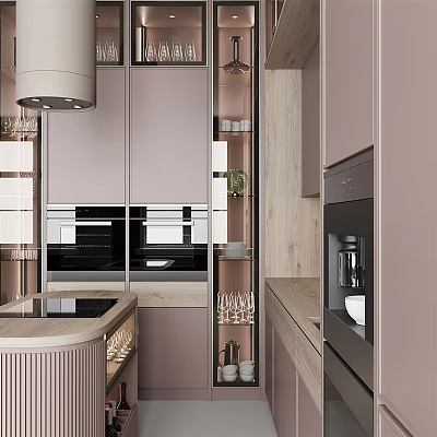 Modern Kitchen Cabinets With Light Wood Finish Marble Countertop And Built In Appliances 3d model
