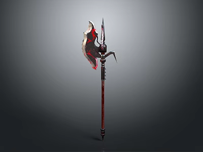 Ornate Battle Axe with Spear Tip Long Handle and Red Accent Design 3d model