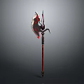 Ornate Battle Axe with Spear Tip Long Handle and Red Accent Design