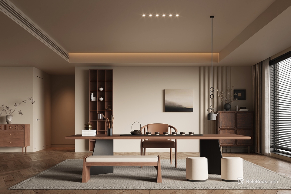 Modern Tea Room Interior Design With Wooden Table Chair Bookshelf Rug And Soft Lighting 3d model 