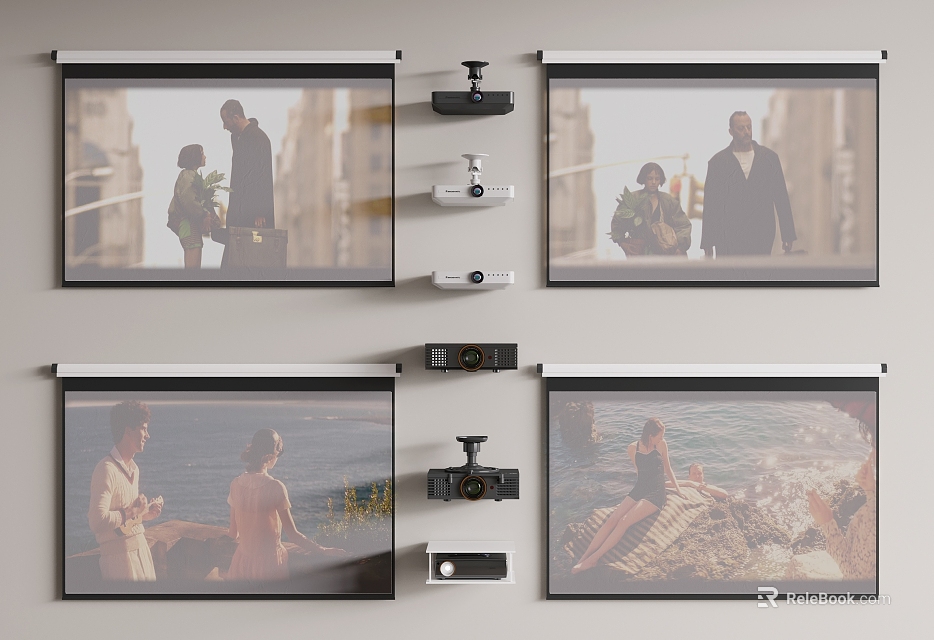 Modern Projection Monitoring System With Wall Mounted Screens And Surveillance Cameras 3d model 