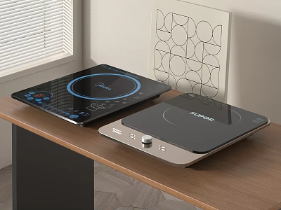 Modern Induction Cooktops With Black And Beige Panels On Wooden Kitchen Table 3d model
