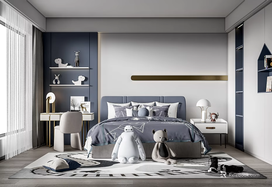 Modern Kids Room Interior With Navy Blue Gray Walls Bed Stuffed Toys Desk And Shelves 3d model 