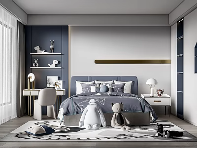 Modern Kids Room Interior With Navy Blue Gray Walls Bed Stuffed Toys Desk And Shelves 3d model