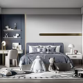 Modern Kids Room Interior With Navy Blue Gray Walls Bed Stuffed Toys Desk And Shelves