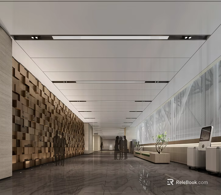 Modern Elevator Hallway With Wooden Geometric Wall Panels Polished Floor And Recessed Lighting 3d model 