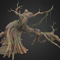 Natural Wooden Tree Stump with Twisted Branches Moss Vines and Rough Surface Texture