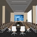 Modern Spacious Conference Room Interior With Long Table Large Screen And Floor to ceiling Windows 3d model