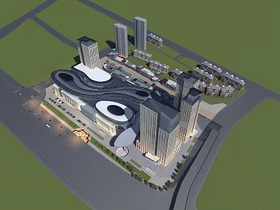 Birds Eye View Planning of Modern Urban Commercial Area with High Rise Buildings and Plaza 3d model