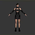 Woman Wearing Black Dress With Cutout Design And Long Sleeves Standing Against Gray Background